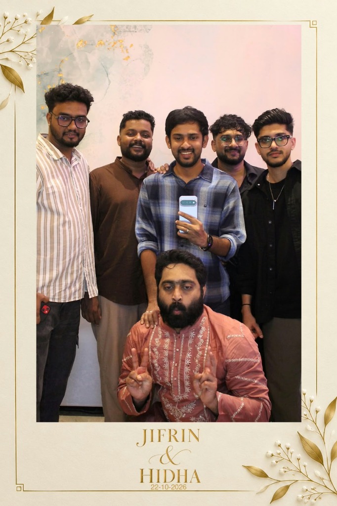 Personalized wedding photo template print showing Jifrin & Hidha 22-10-2026 with friends posing at the photobooth